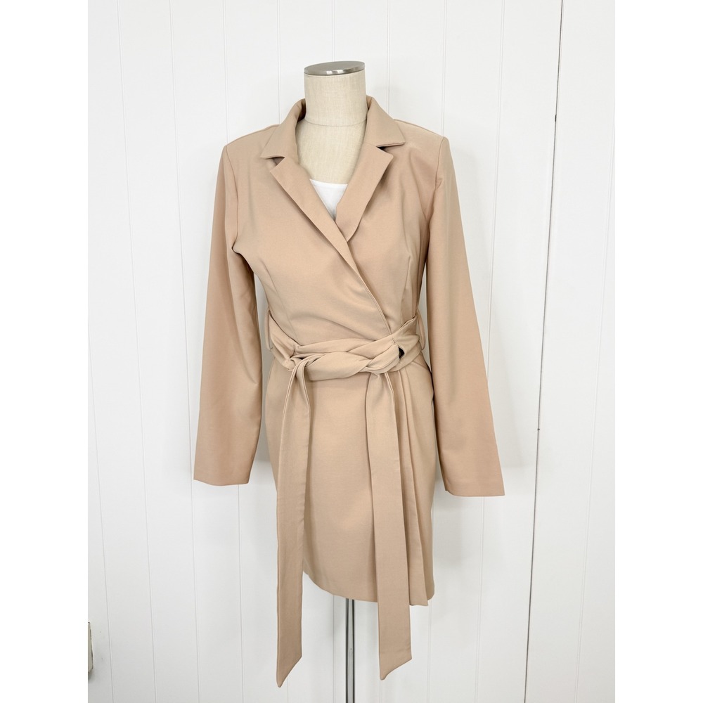 ASOS Design Womens‎ 6 Beige Longline Wrap Blazer Belted Shoulder Pads NWOT